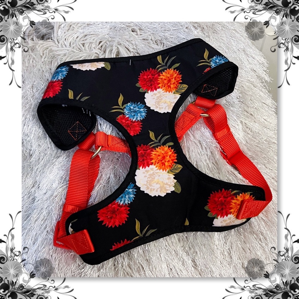 L Petsmart Comfort Floral Dog Harness Red Gold Black Puppy Flower Fabric LARGE